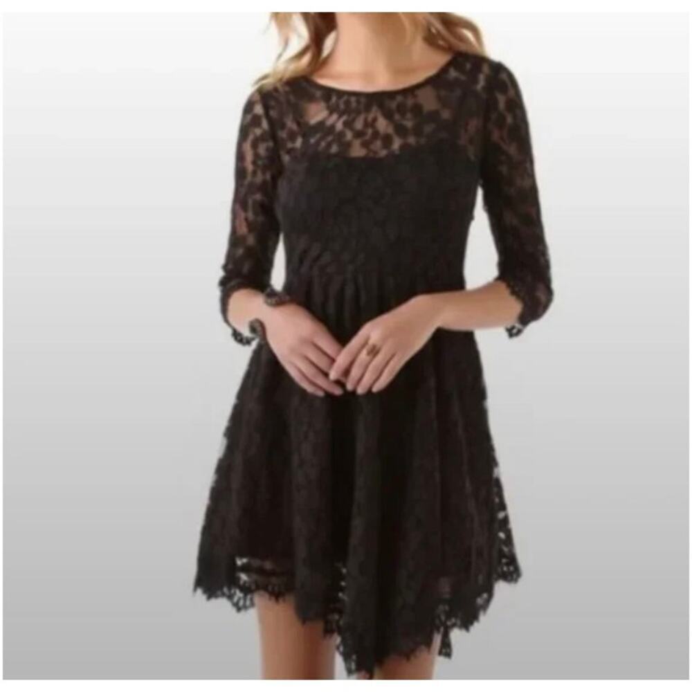 Free People Floral Mesh Mini Black Lace Dress- Size 2